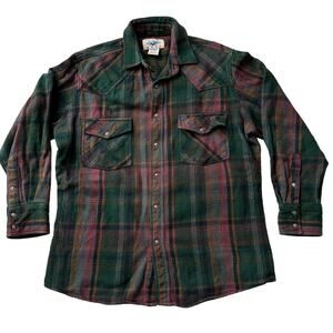 Painted Mesa VTG 90s Thick Cotton Flannel Plaid Western Snap Green Shirt men L